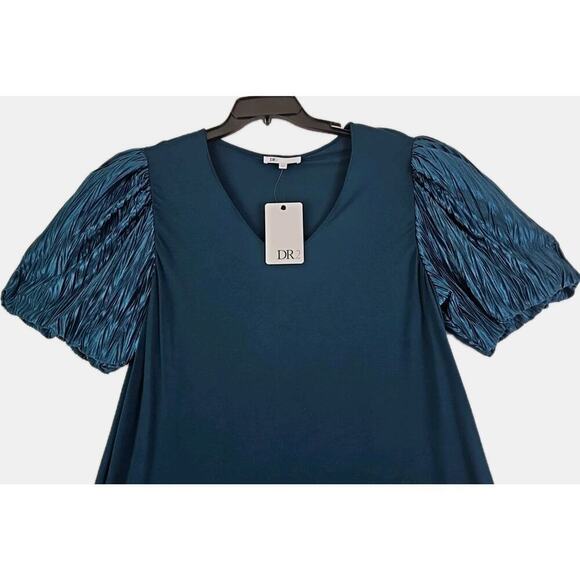 DR2~Woman Sz XL~ Dark Green Pleated Puff Satin Sleeve V-Neck Knit Top Blouse NWT - Picture 8 of 12